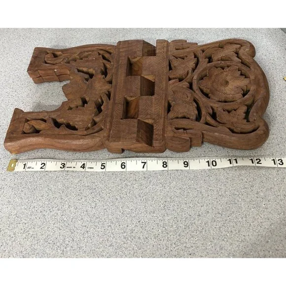 Vintage Teak Wood Book Holder Kitchen Stand Hand Carved Floral Leaf Design Foldi - Picture 7 of 9